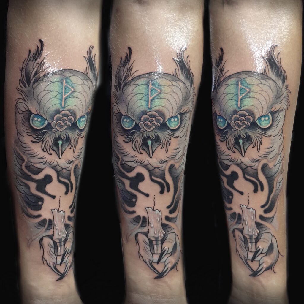 Neotraditional owl tattoo with runes and candle by Uppercuts Tattoo Shop, Maple Ridge BC