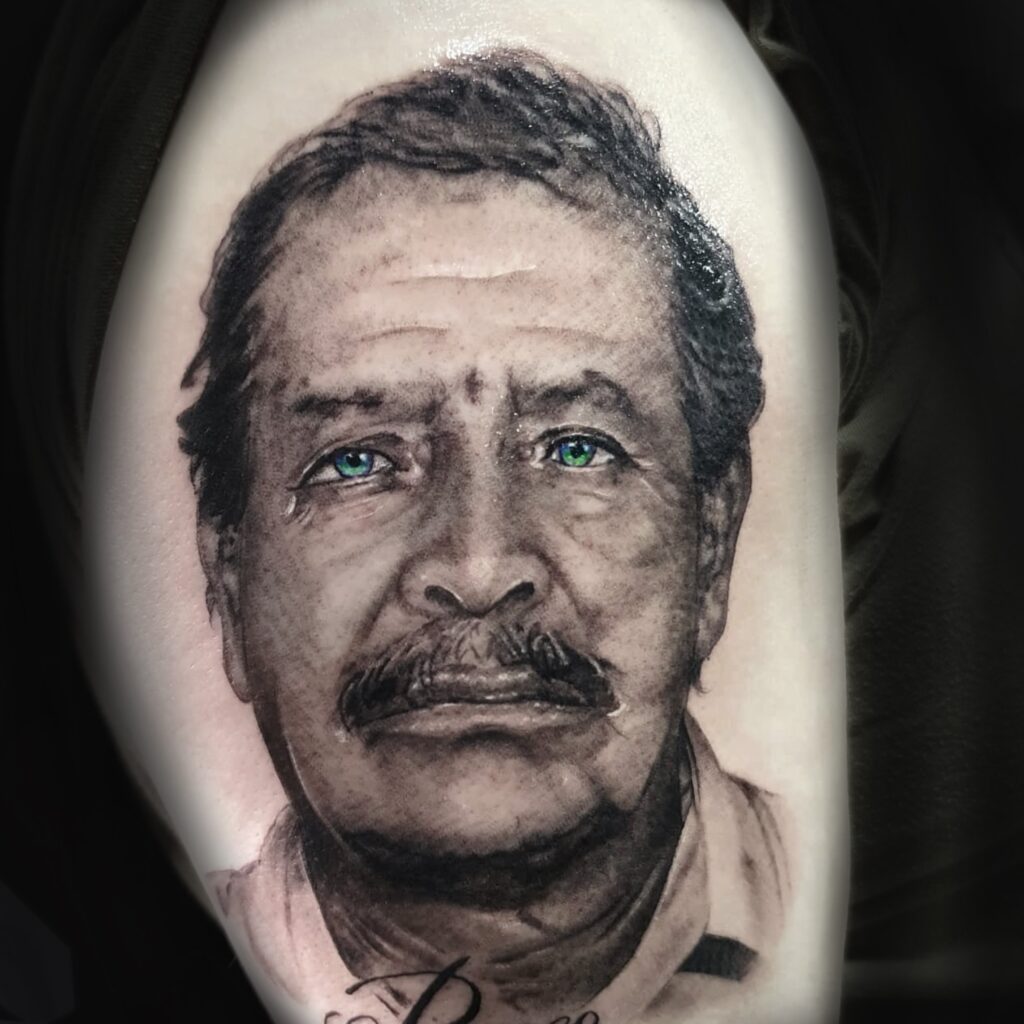 Black and grey memorial portrait tattoo by Uppercuts Tattoo Shop, Maple Ridge BC