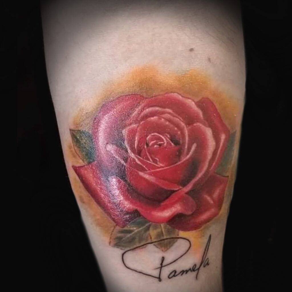 Colour realism rose tattoo with handwritten script by Uppercuts Tattoo Shop, Maple Ridge BC