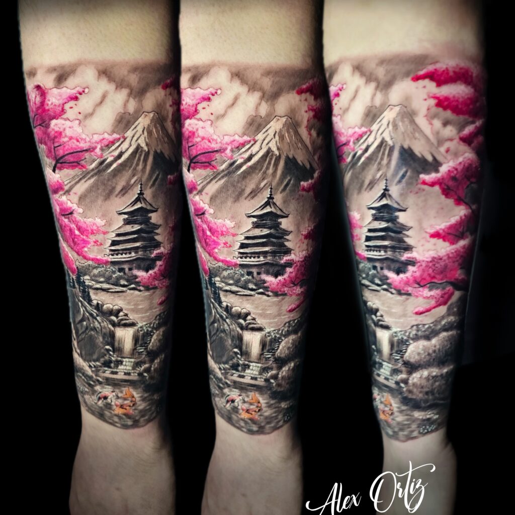 Japanese style Mount Fuji and pagoda sleeve tattoo by Uppercuts Tattoo Shop, Maple Ridge BC